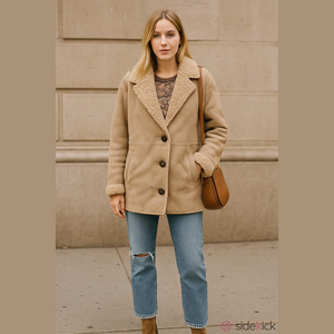 LUCKY BRAND FAUX SUEDE SHEARLING BUTTON FRONT EXPOSED SEAM COAT - SMALL MEDIUM